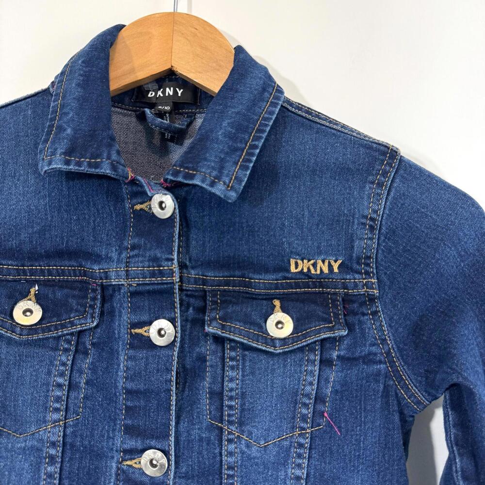 DKNY Girl’s Size 8/10 Blue Stretch Denim Collared Button Front Jean Jacket - Picture 2 of 8